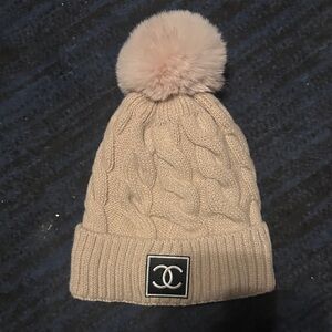 CHANEL Cream Cable Knit Beanie with Pom Pom